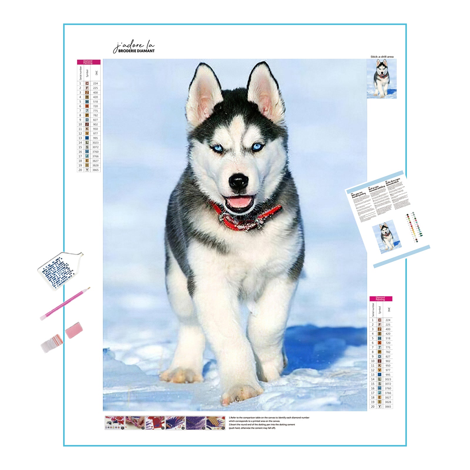 Ressentez l'esprit sauvage d'un majestueux Husky dans cette broderie diamant. Chien Husky - j'adore la broderie diamant