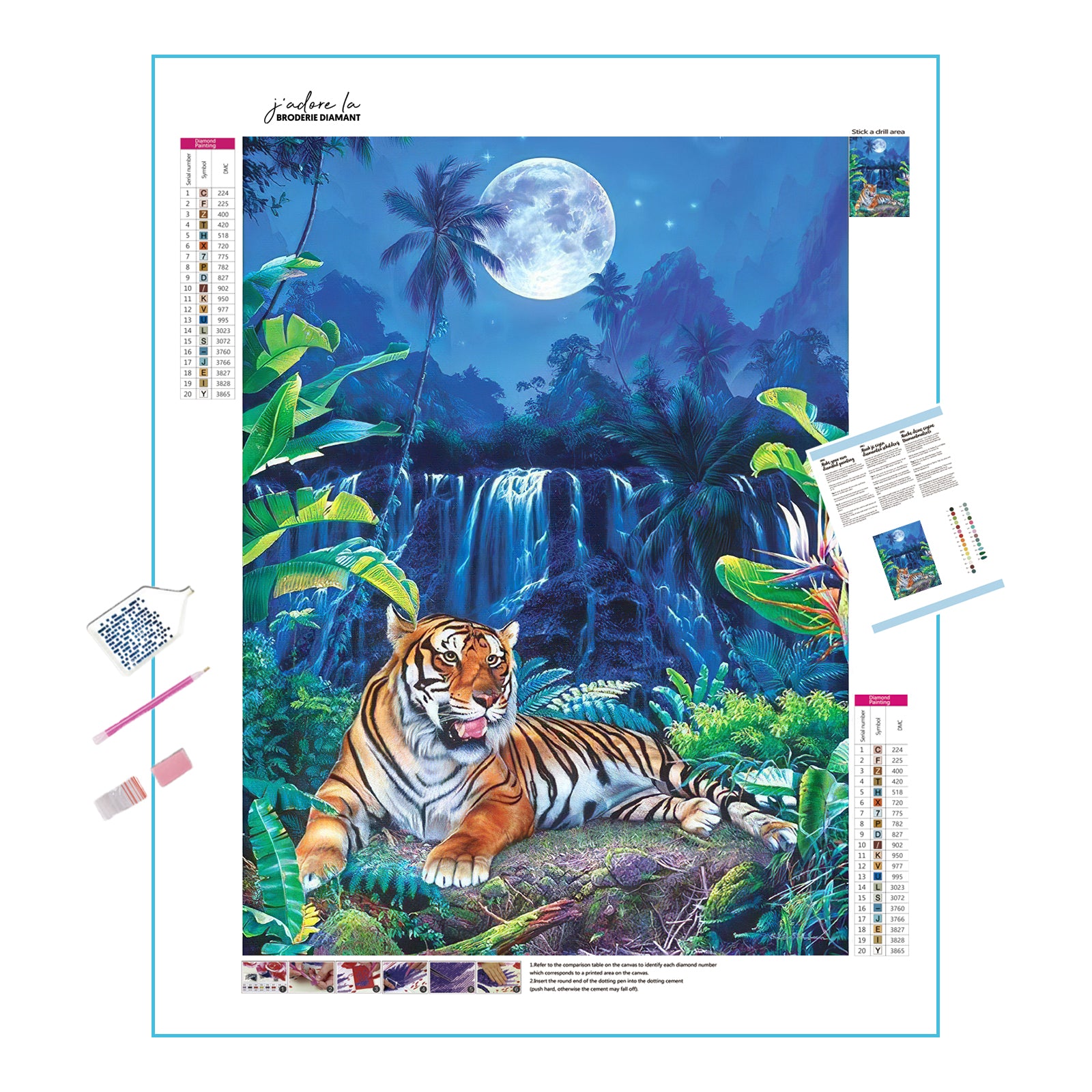 Ressentez la splendeur des paysages naturels et la force des animaux dans cette broderie diamant. Chûte d'Eau Clair de Lune Montagne Tigre - j'adore la broderie diamant