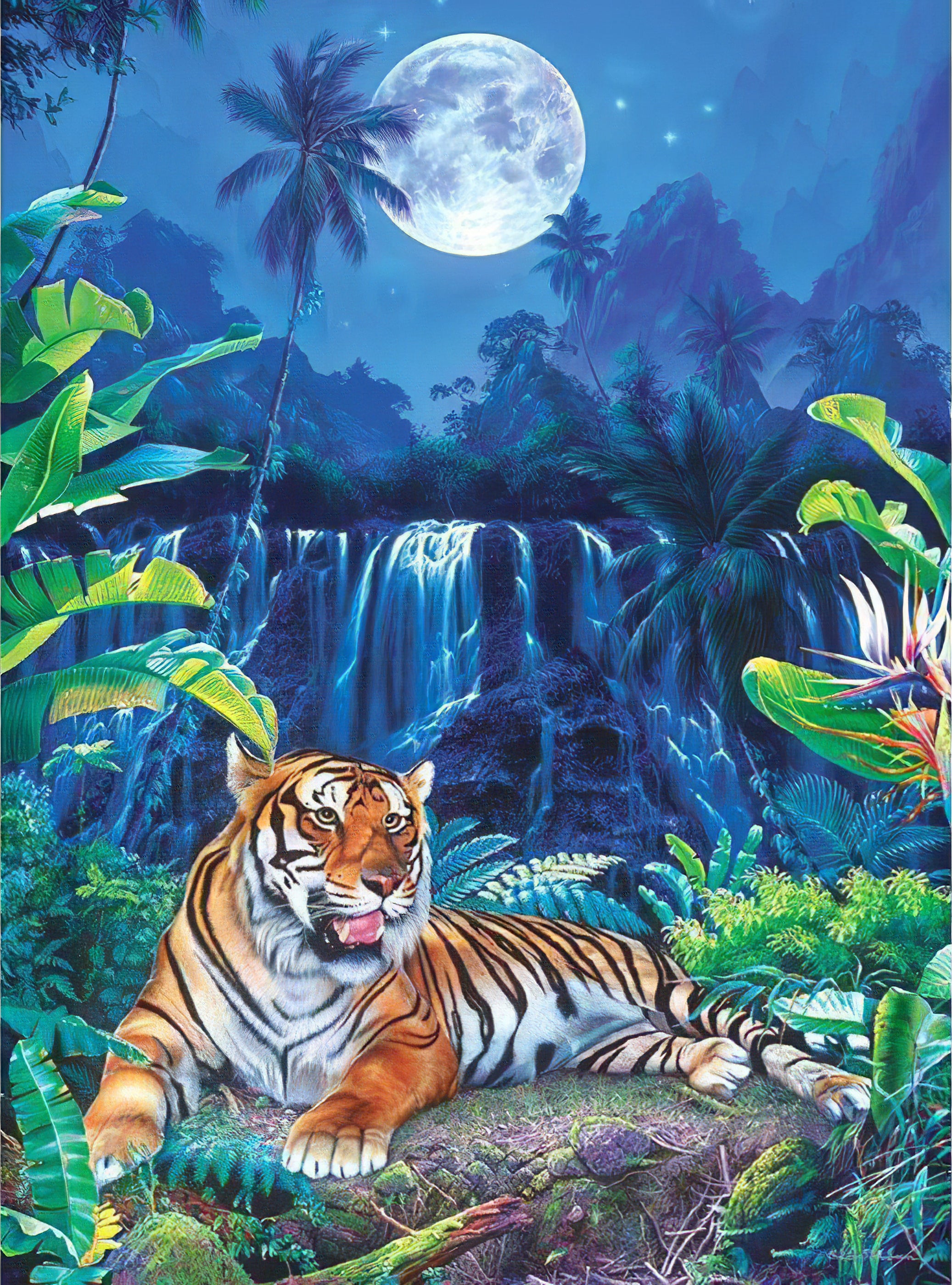 Ressentez la splendeur des paysages naturels et la force des animaux dans cette broderie diamant. Chûte d'Eau Clair de Lune Montagne Tigre - j'adore la broderie diamant