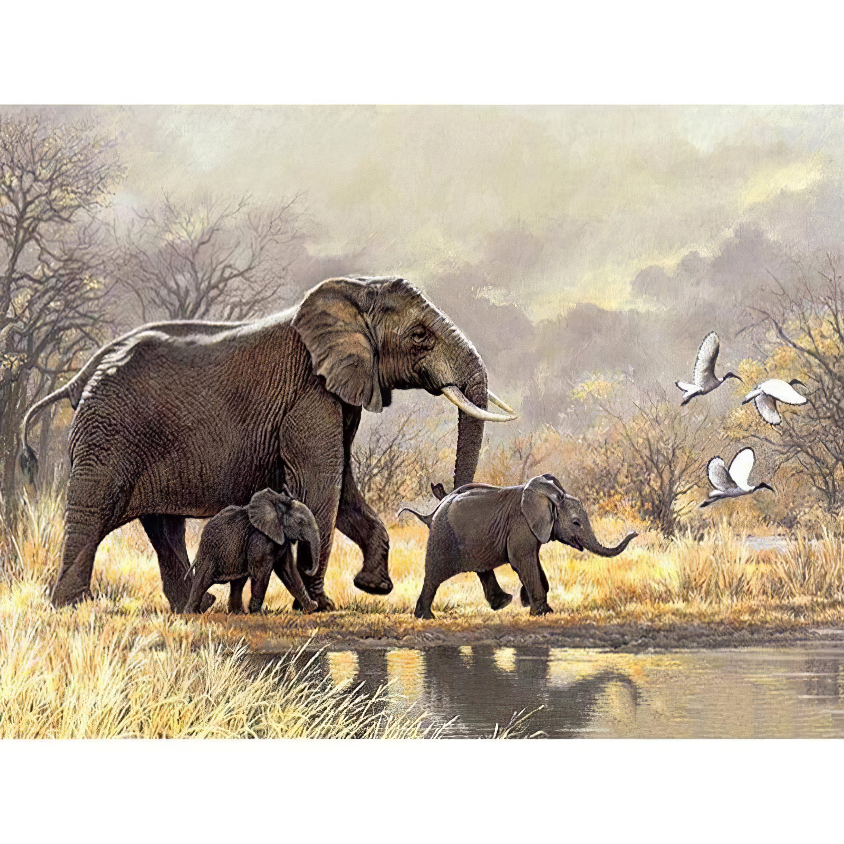 Voyagez avec une famille d'éléphants en mouvement à travers la savane dans une scène touchante dans cette broderie diamant. Déménagement de la famille des éléphants - j'adore la broderie diamant