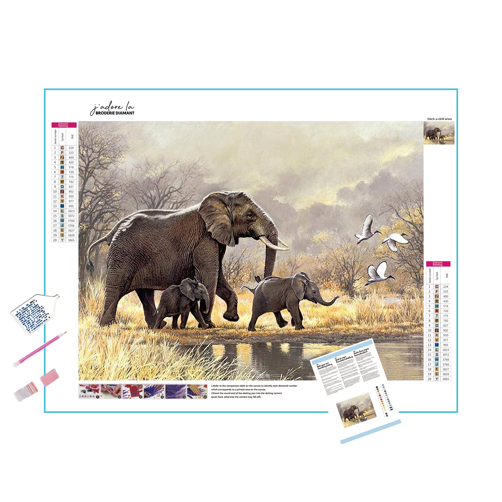 Voyagez avec une famille d'éléphants en mouvement à travers la savane dans une scène touchante dans cette broderie diamant. Déménagement de la famille des éléphants - j'adore la broderie diamant