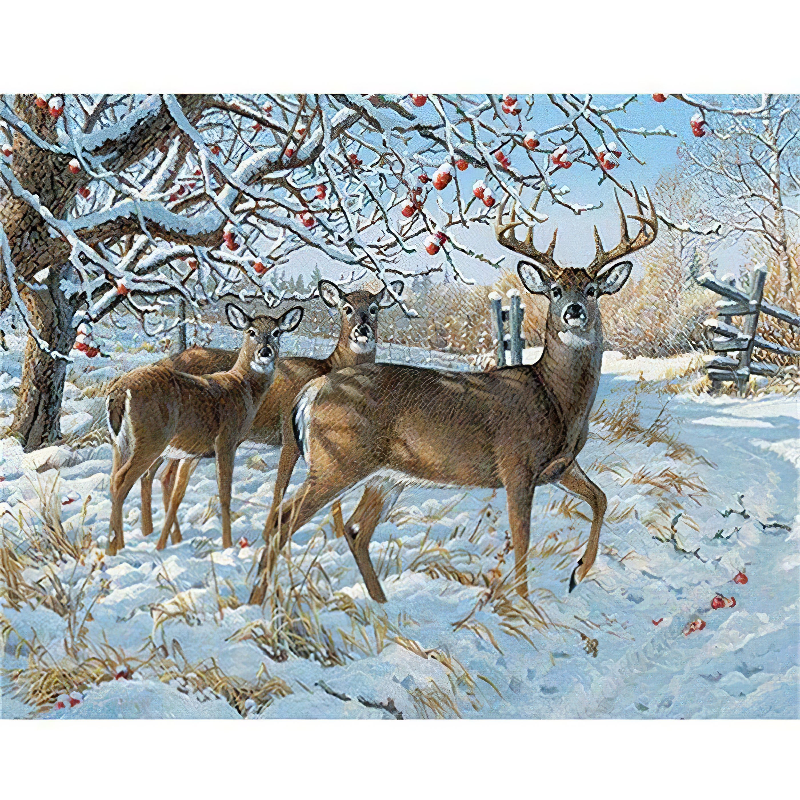 Balade sur la neige avec les cerfs dans cette broderie diamant. Les cerfs vous regardent - j'adore la broderie diamant