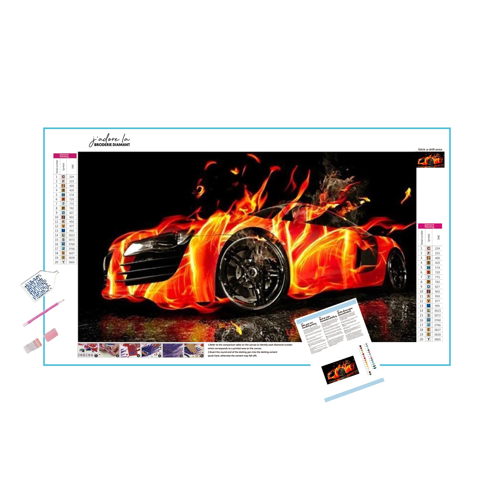 La lumière rouge orangé du feu contraste avec la fumée noire, créant une atmosphère urgente et dangereuse dans cette broderie diamant. Tableau De Voiture Au Feu - j'adore la broderie diamant