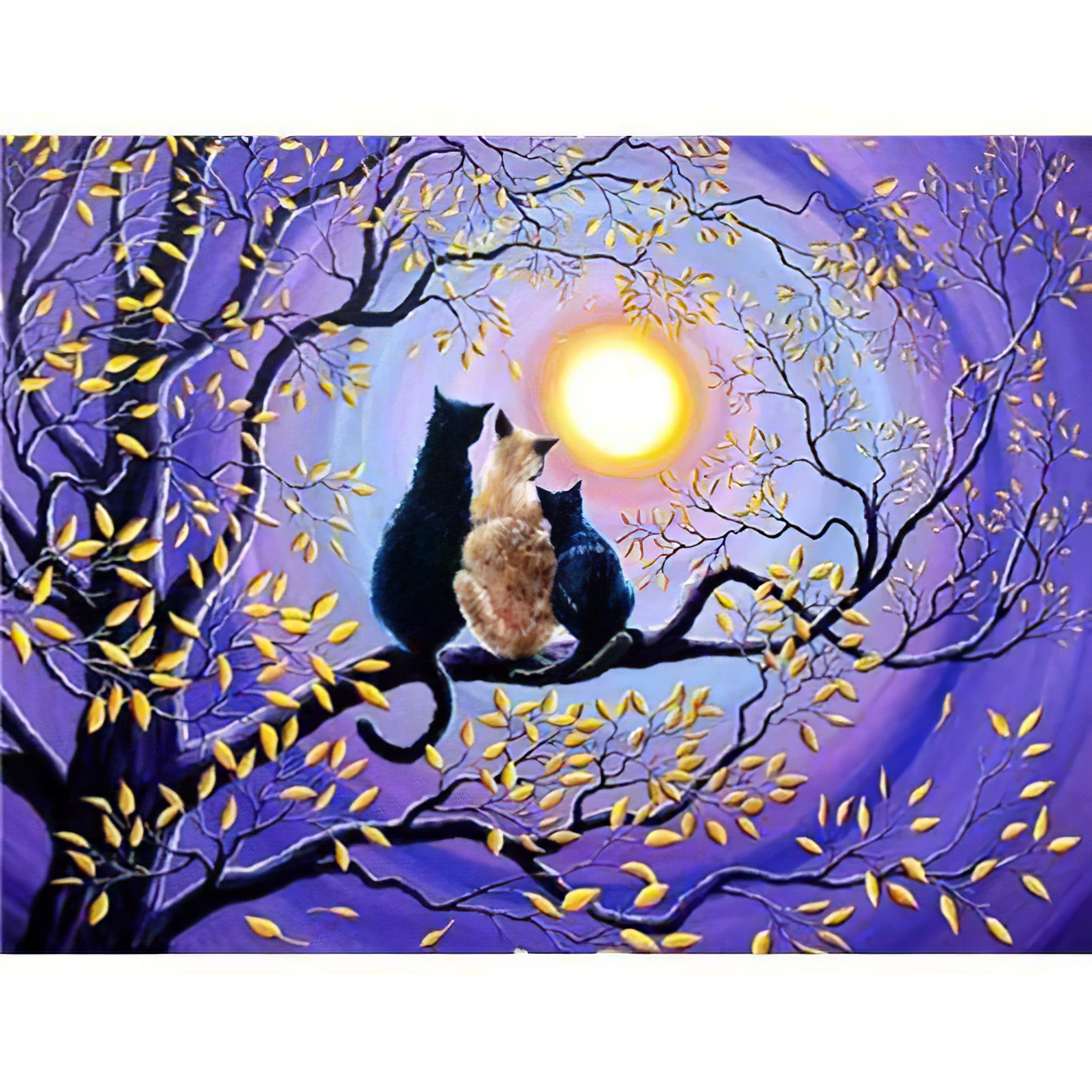 Trois chats assis tranquillement dans les branches d’un grand arbre au clair de lune dans cette broderie diamant. Trois chat assis sur un arbre au clair de lune - j'adore la broderie diamant