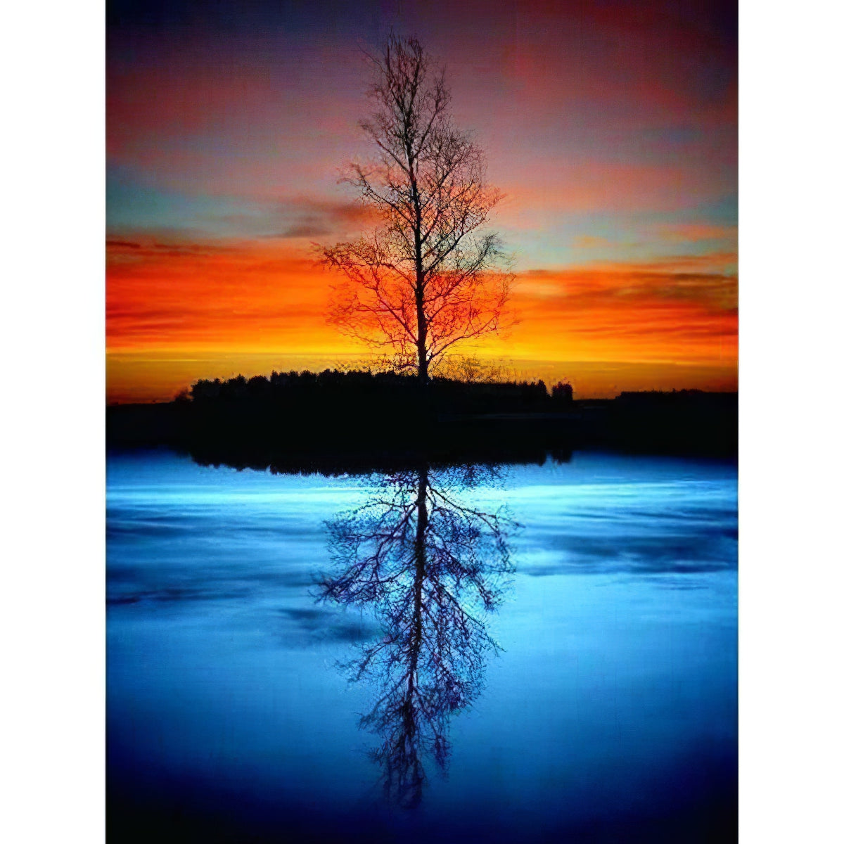 Une broderie diamant nommée Arbre au milieu du lac. Un arbre solitaire dans un lac avec des reflets sur l’eau. Arbre au milieu du lac. - j'adore la broderie diamant