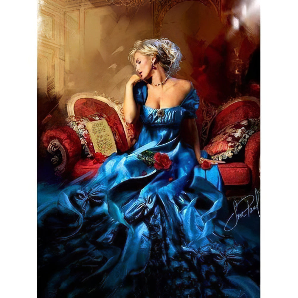 Des teintes vives de bleu mettent en valeur une beauté indéfinie, captivante et sereine dans cette broderie diamant.  Beauté bleue - j'adore la broderie diamant