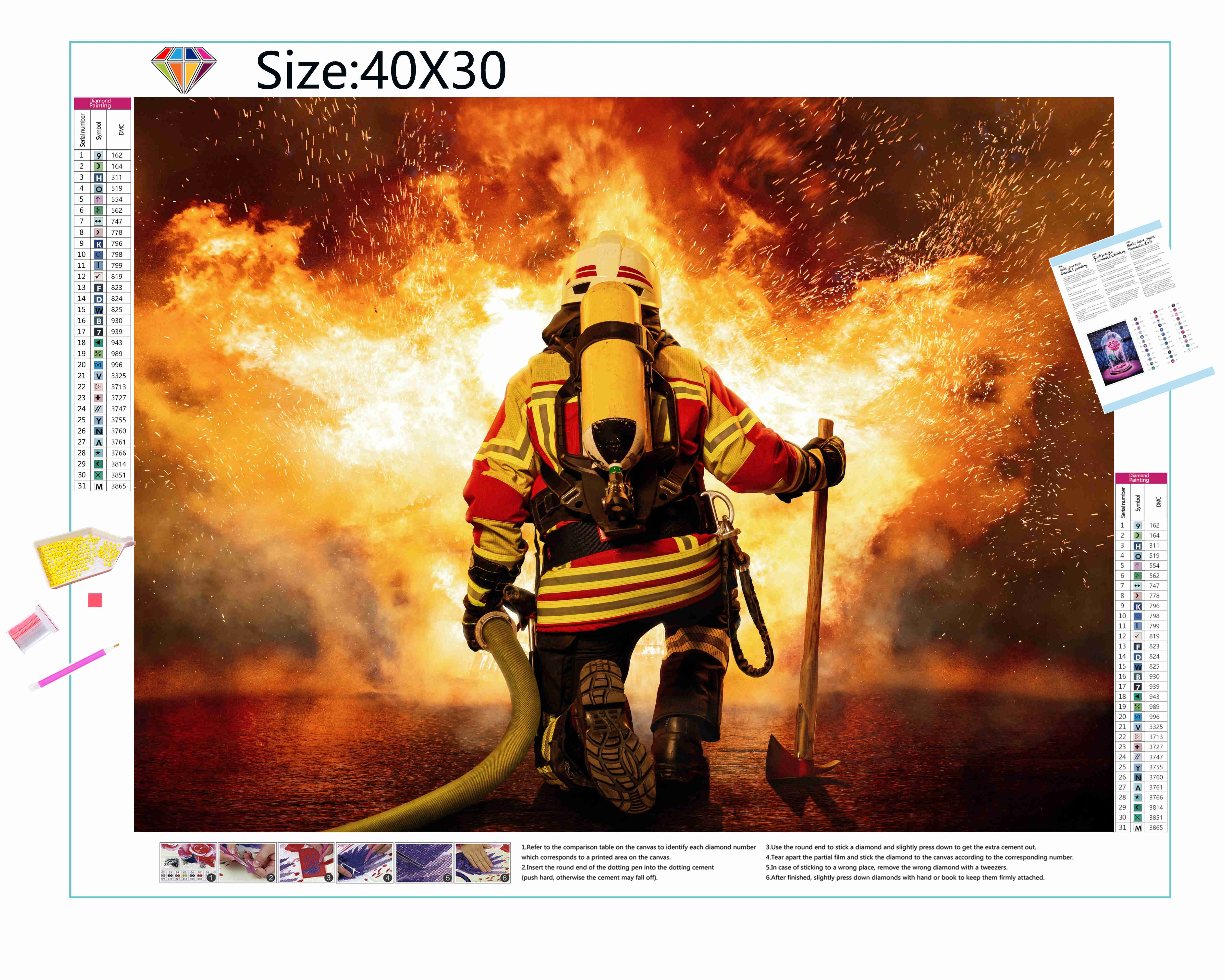 Les courageux pompiers détruisent les flammes dans cette broderie diamant. Pompier devant Flames - j'adore la broderie diamant