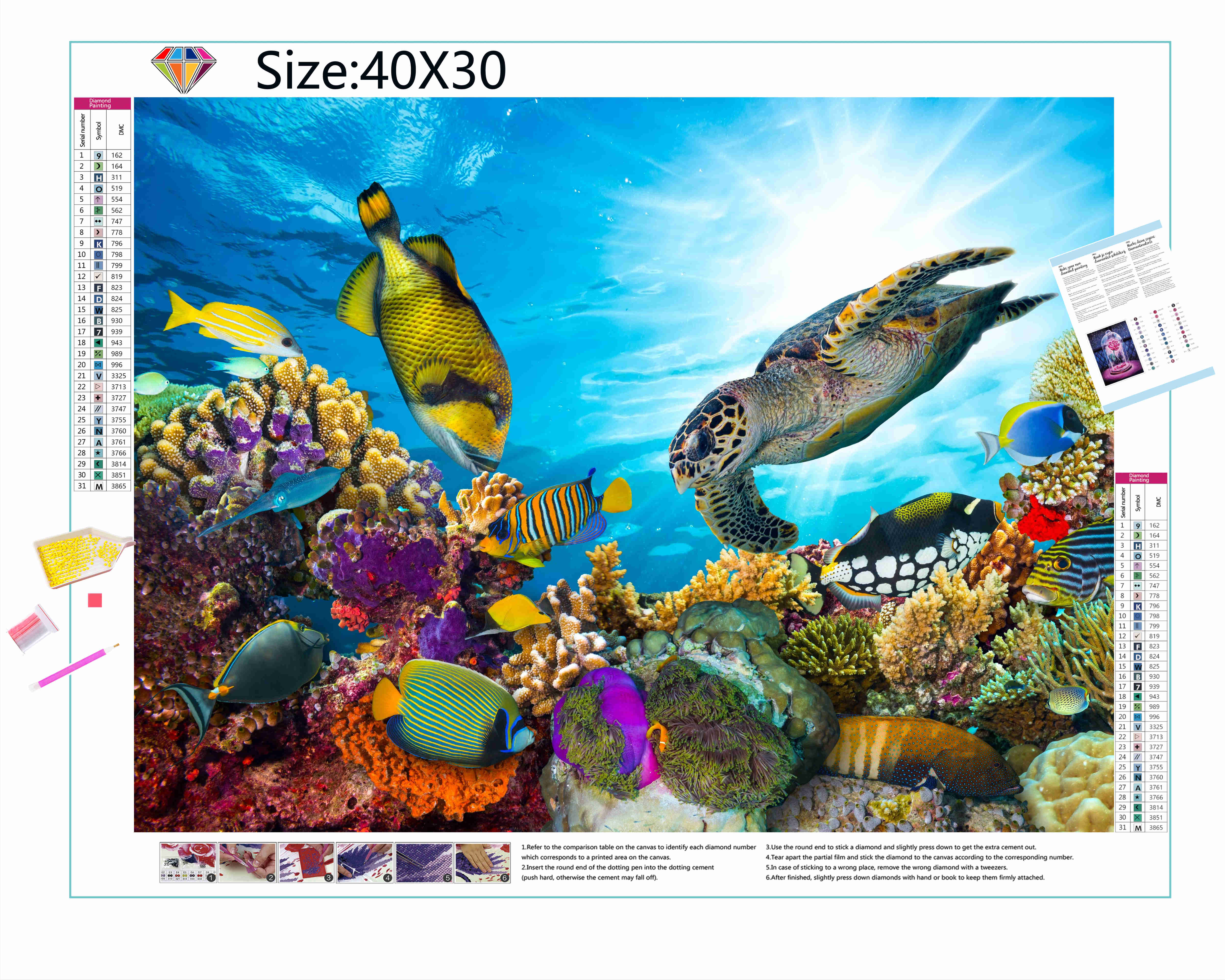 Découvrez la beauté naturelle du monde sous-marin dans cette broderie diamant. Tortue, Poisson et Coral - j'adore la broderie diamant