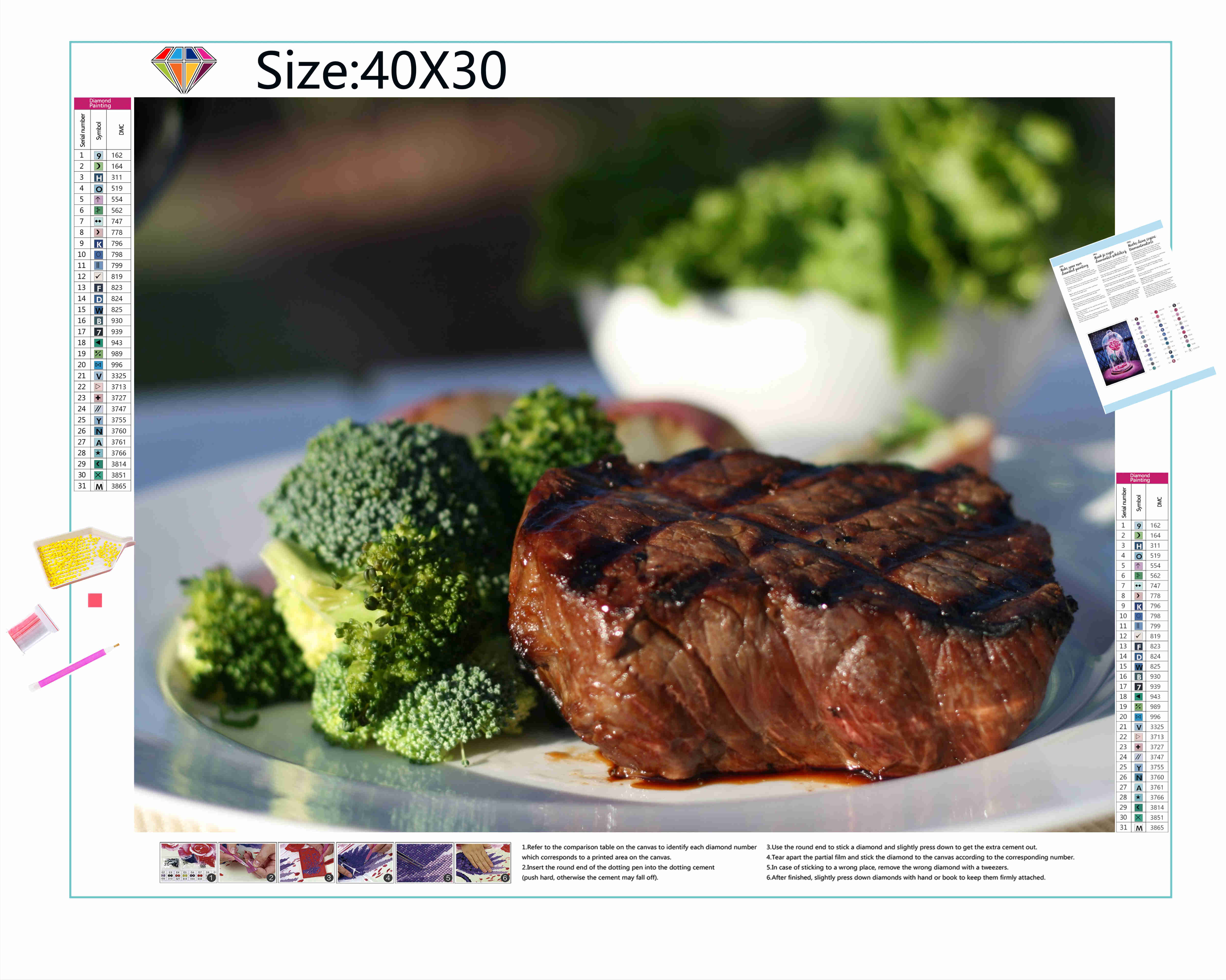 Embellir le restaurant avec de délicieux steaks dans cette broderie diamant. Steak Brocoli Décor Cuisine - j'adore la broderie diamant 
