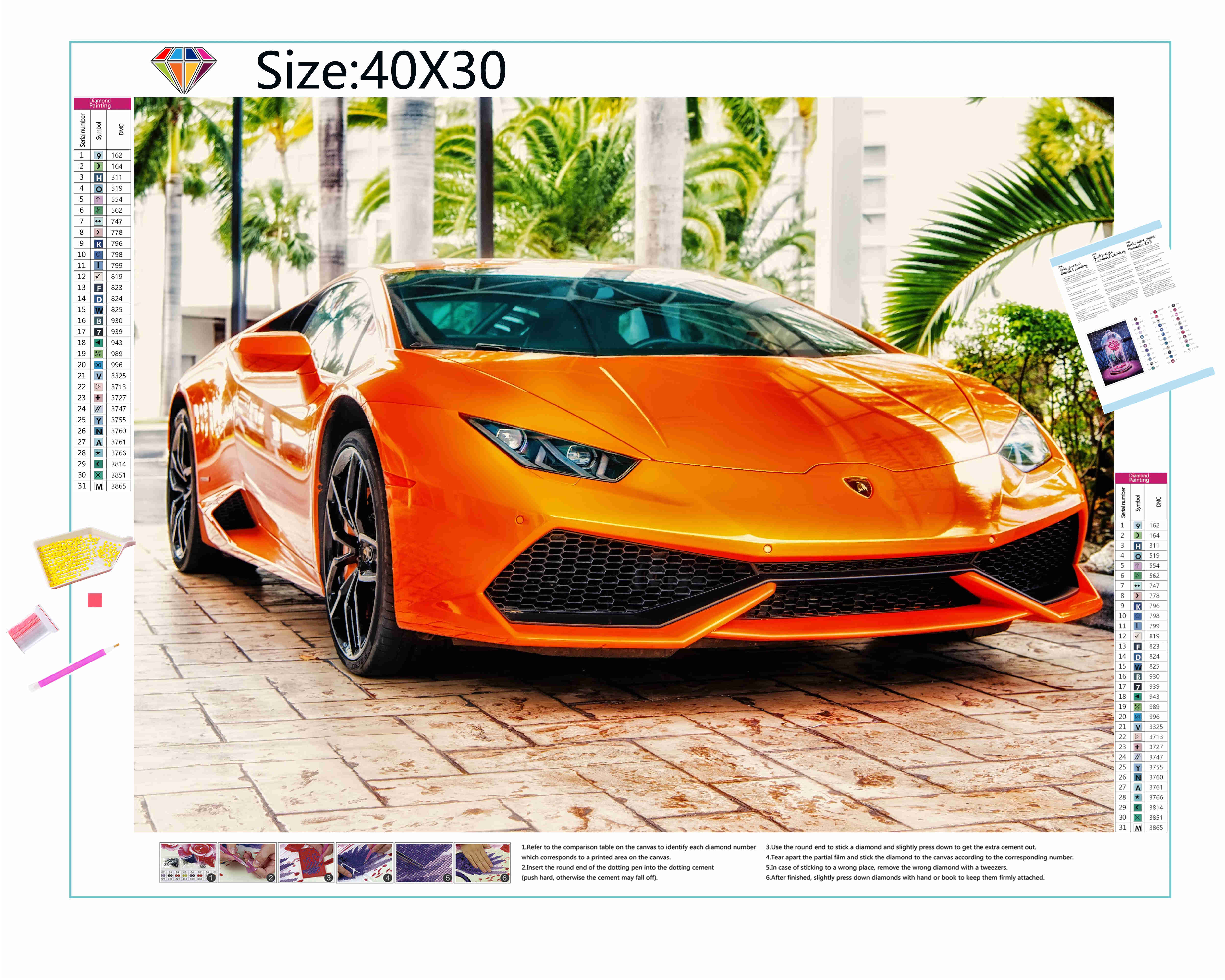 Sentez la puissance et le charme d’une lamborghini orange dans cette broderie diamant. Voiture Lamborghini Orange - j'adore la broderie diamant