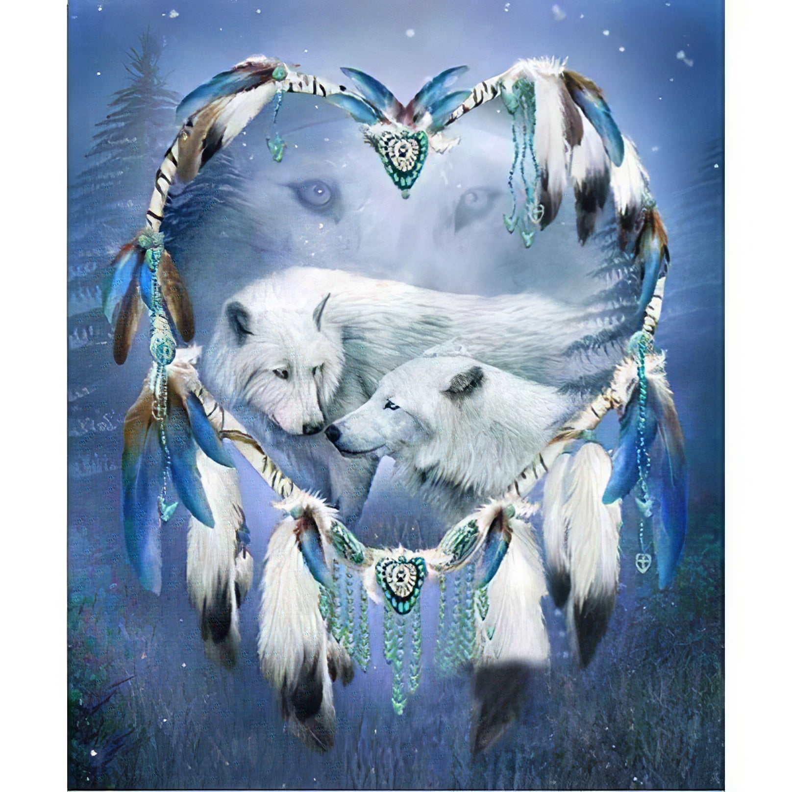 Découvrez l’harmonie et les sentiments entre les loups blancs dans cette broderie diamant. Loups Blancs et Attrape-Rêves - j'adore la broderie diamant