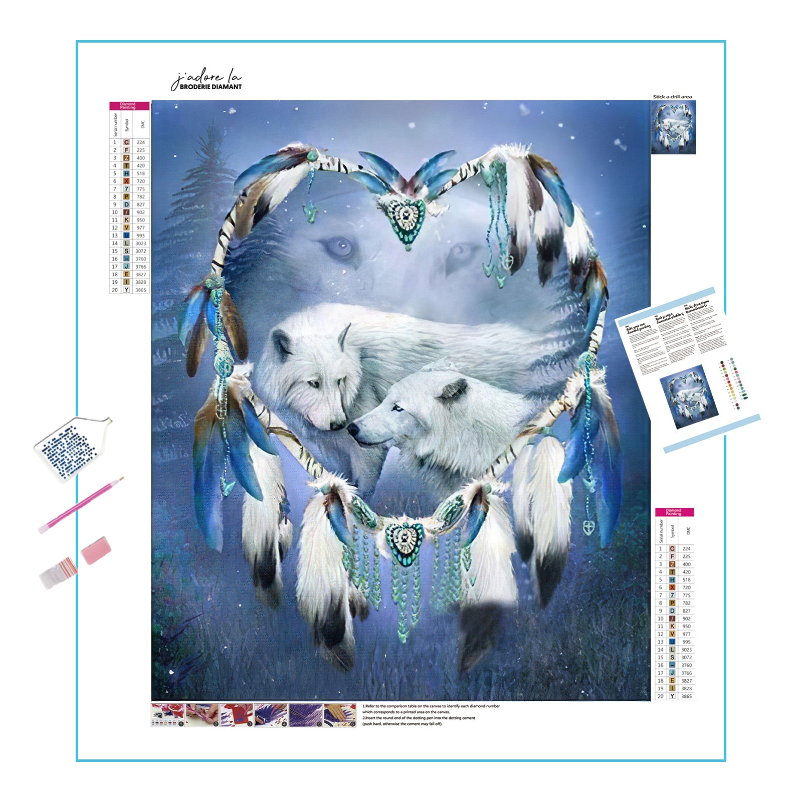 Découvrez l’harmonie et les sentiments entre les loups blancs dans cette broderie diamant. Loups Blancs et Attrape-Rêves - j'adore la broderie diamant